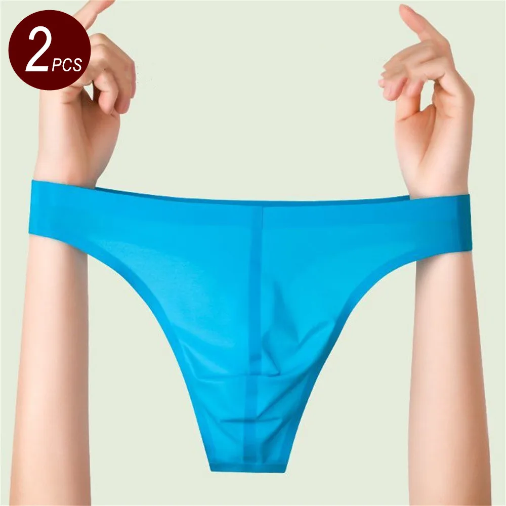 2PCS Fast Shipping Ice Silk Ultra Thin Thong for Men Seamless G Strings Big Pouch Underwear Low Rise Individual Packing