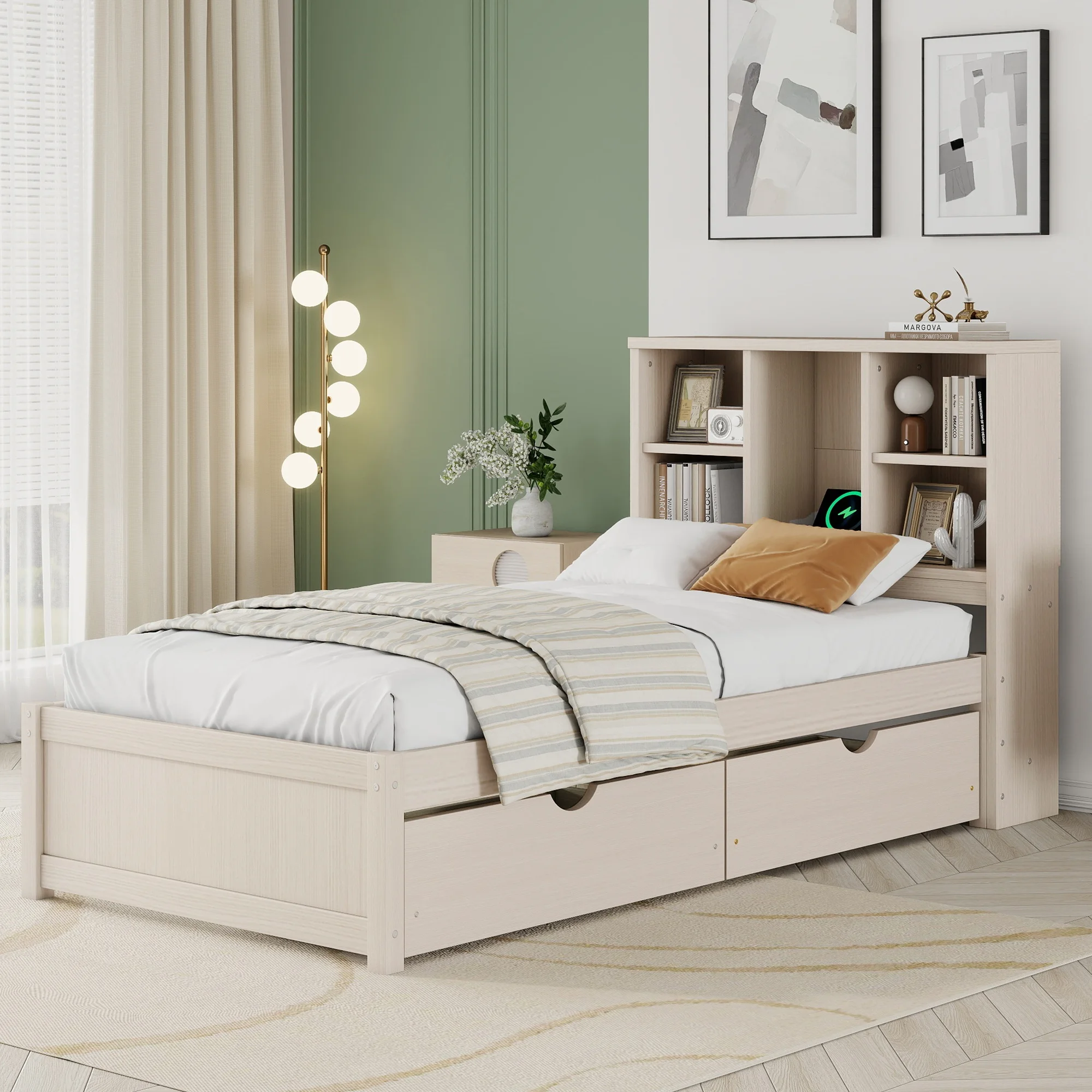 [US Stock] Twin Bed Frame with Bookcase Headboard & USB Charging Station, 2 Drawers, Wood Platform Bed, No Box Spring Needed, Cr