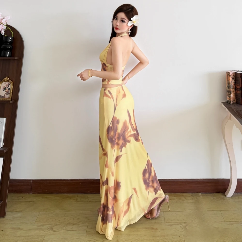 Kliou Flower Print 2 Piece Set Woman Summer Trend Halter Low-Neck Backless Crop Tops+Long Skirts Holiday Elegant Style Outfits - Image 5