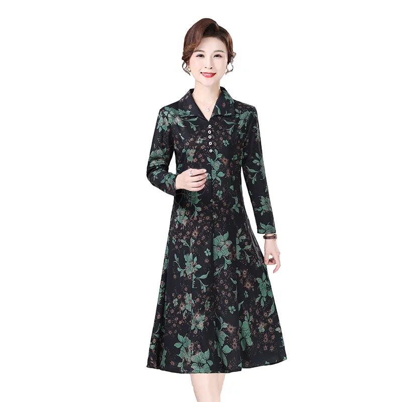 

Autumn New Fashion Patchwork Turn-down Collar Long Sleeve Shirt Dress Ladies Temperament Printing Buttons Pullover Long Dress