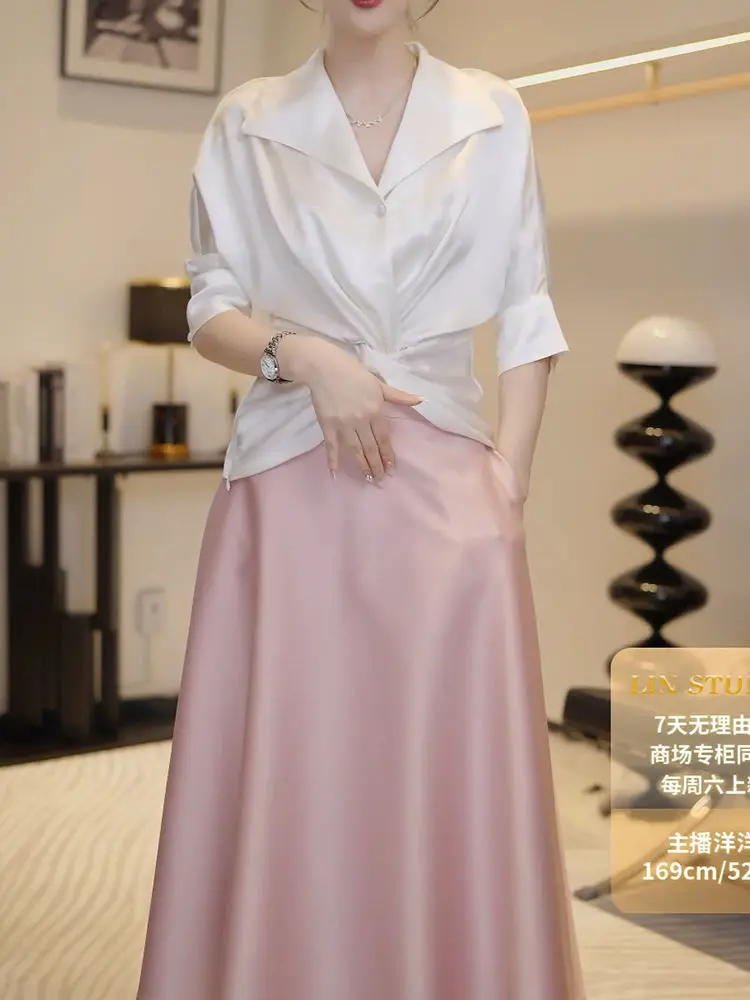 Women New Summer 2-piece Set Solid Color V-neck Knitted Slim Button Top and Spliced High Waist Side Slimming A-line Skirt A559