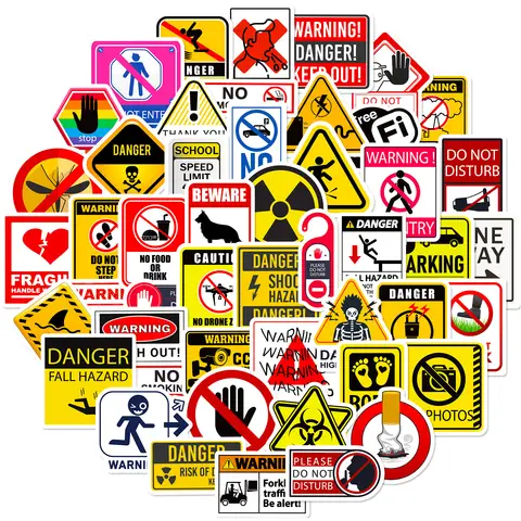 Bilashmart Warning Signs Stickers [50pcs] Bans Cautions Directions Stickers for Helmet Water Bottle Laptop Phone Skateboard Travel
