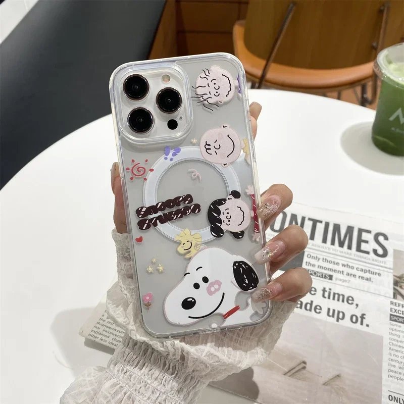 Cute Cartoon Snoopy Charlie Brown Magnetic Holder Magsafe Wireless Charge Phone Case For iPhone 15 14 13 12 Pro Max Hard Cover