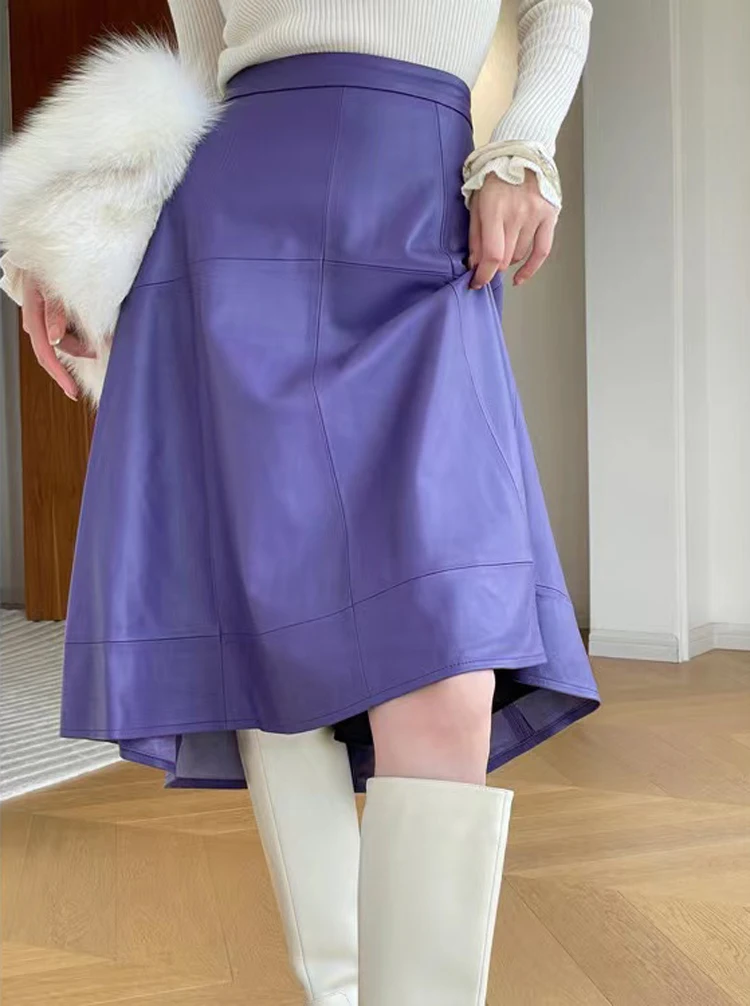 Lavander Leather Skirt For Women High End Soft Sheepskin A-line Short Front Long Back Faldas Mujer Large Swing Umbrella Skirts