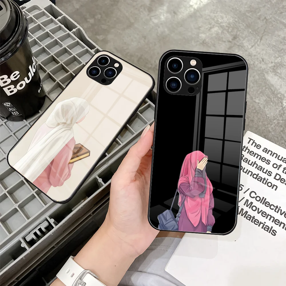 Muslim Islamic Arabic Hijab Face Gril Eyes Koran Phone Case For IPhone 15 14 Pro 13 11 12 XR XS MAX 7/8 X Plus 13 Black Glasss