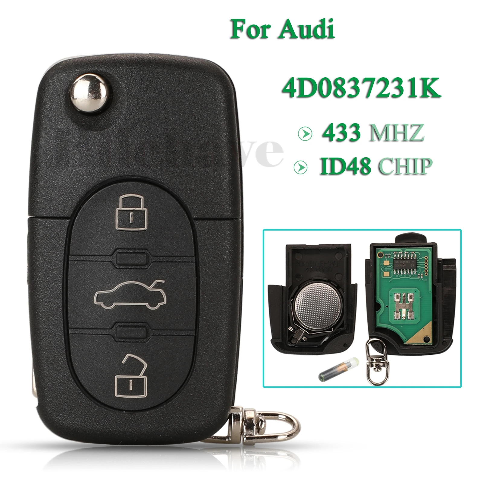 

jingyuqin 10PCS For Audi A2 A3 A4 A6 A8 TT Old Models FOB 3 Buttons 433Mhz ID48 Chip FCC: 4D0837231K Smart Remote Car Key