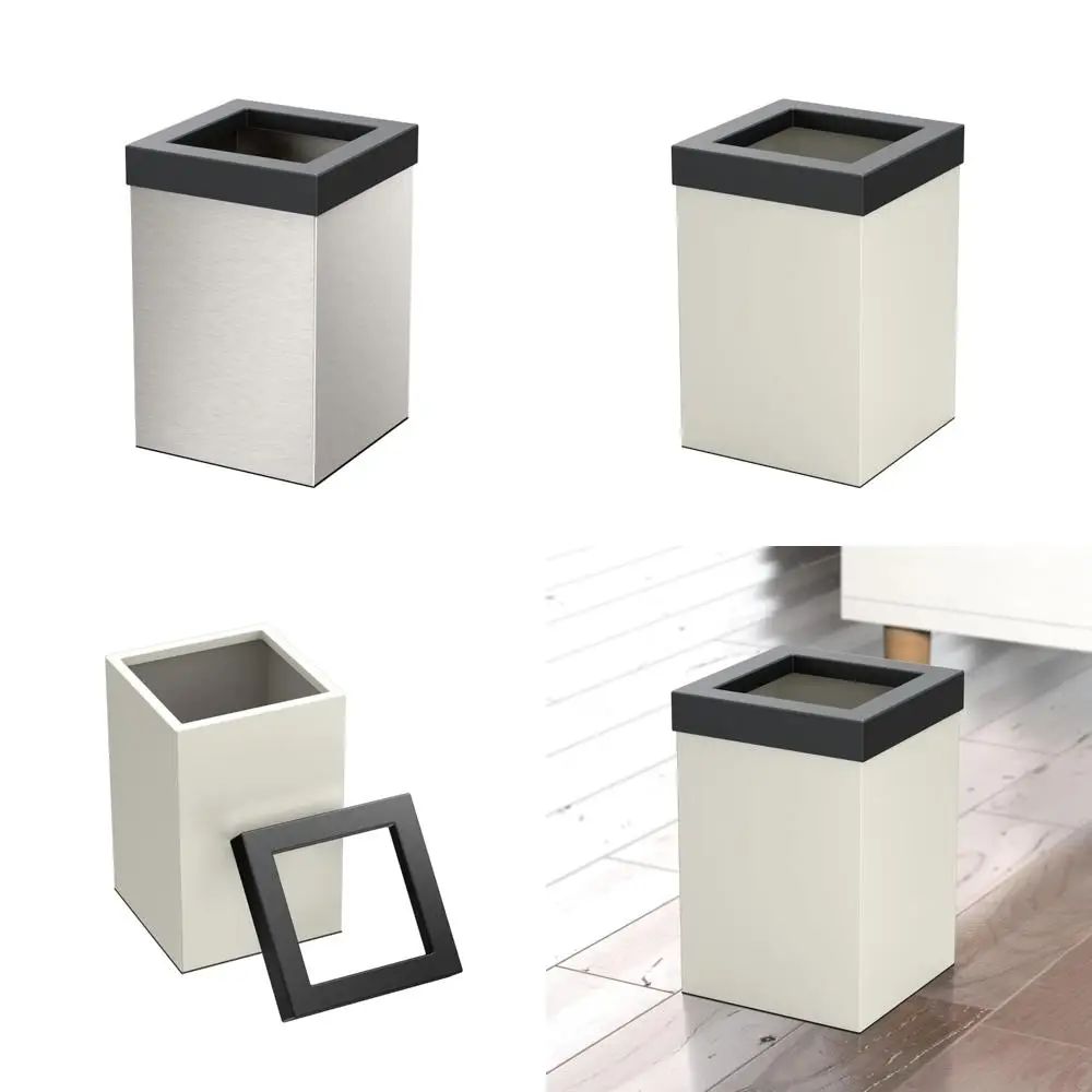 

Modern Square Stainless Steel Wastebasket with Removable Lid, Satin Nickel and Matte Black Combo - Leakproof Trash Can for Conte