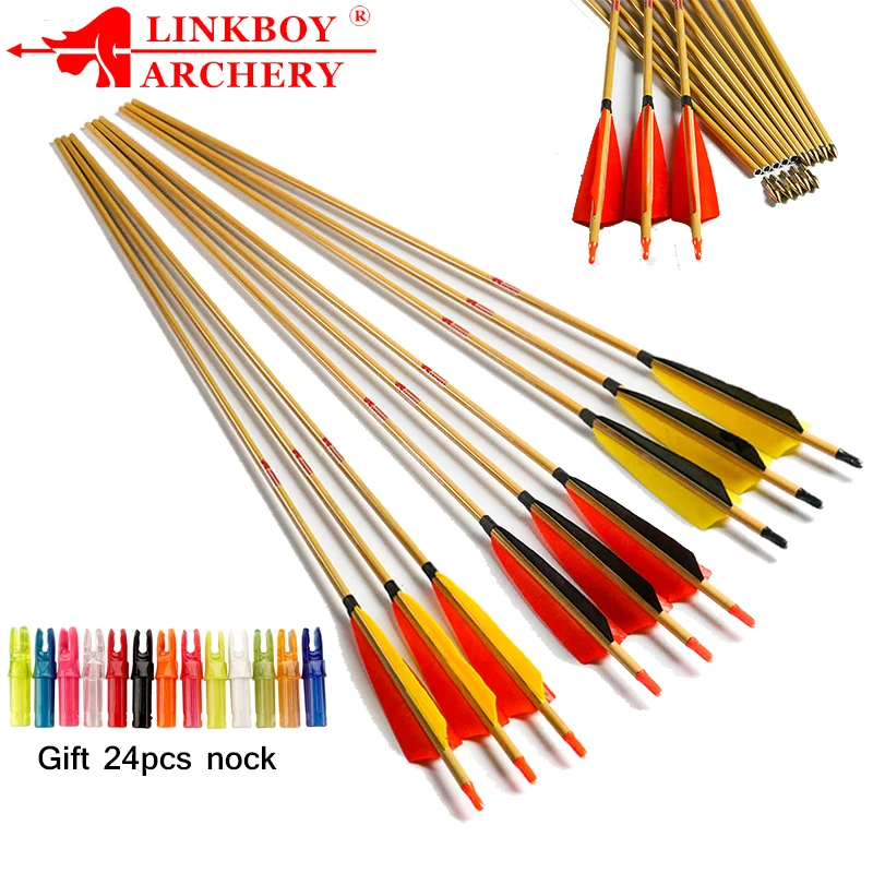 

12pcs Linkboy Archery Pure Carbon Arrows ID6.2mm SP500 32'' Bamboo Skin Compound Arrows for Bow Longbow Hunting Shooting