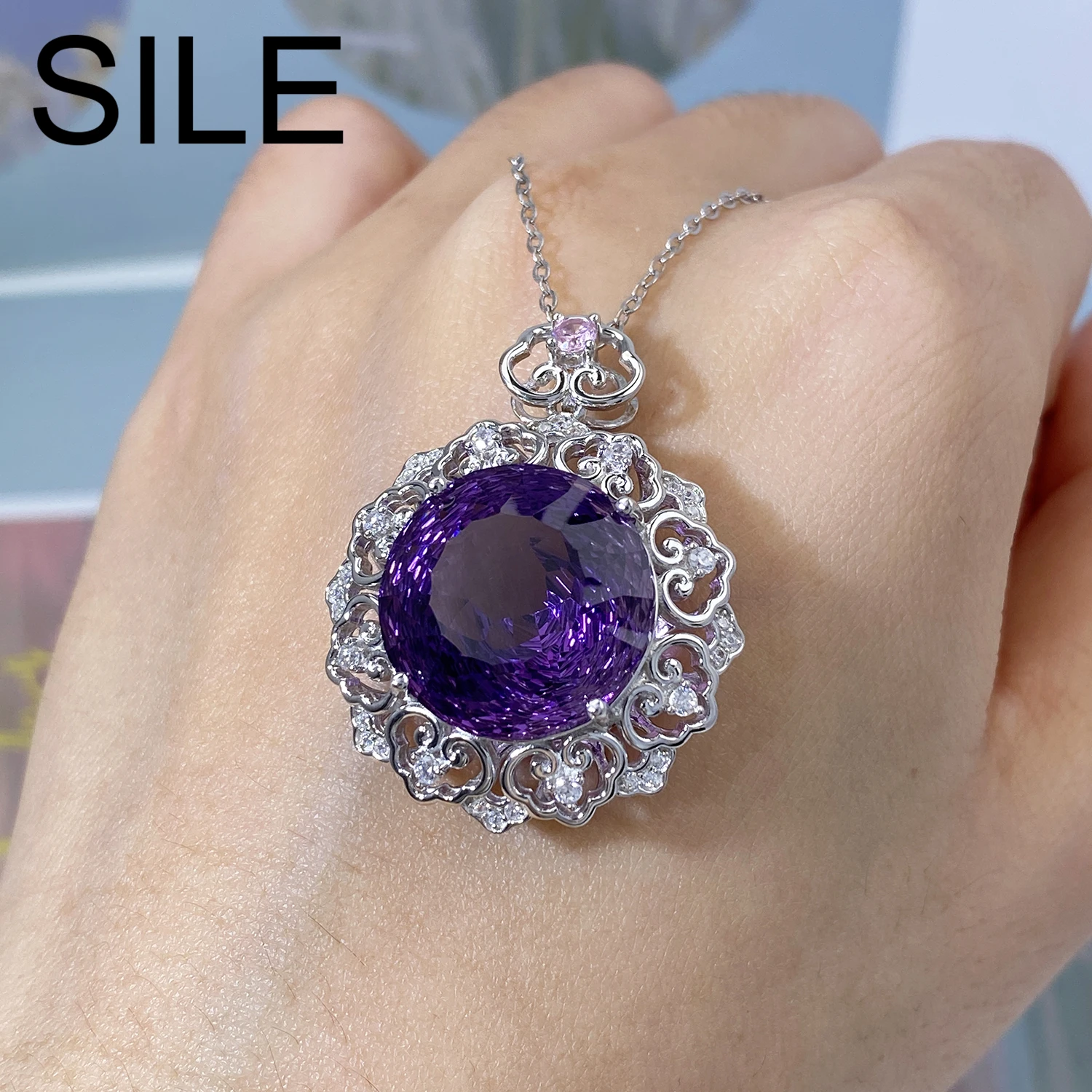 

SILE 17MM Amethyst Pendants Necklaces For Women 925 Sterling Silver Natural Big Gemstones Jewelry Wedding Party Luxury Jewellery