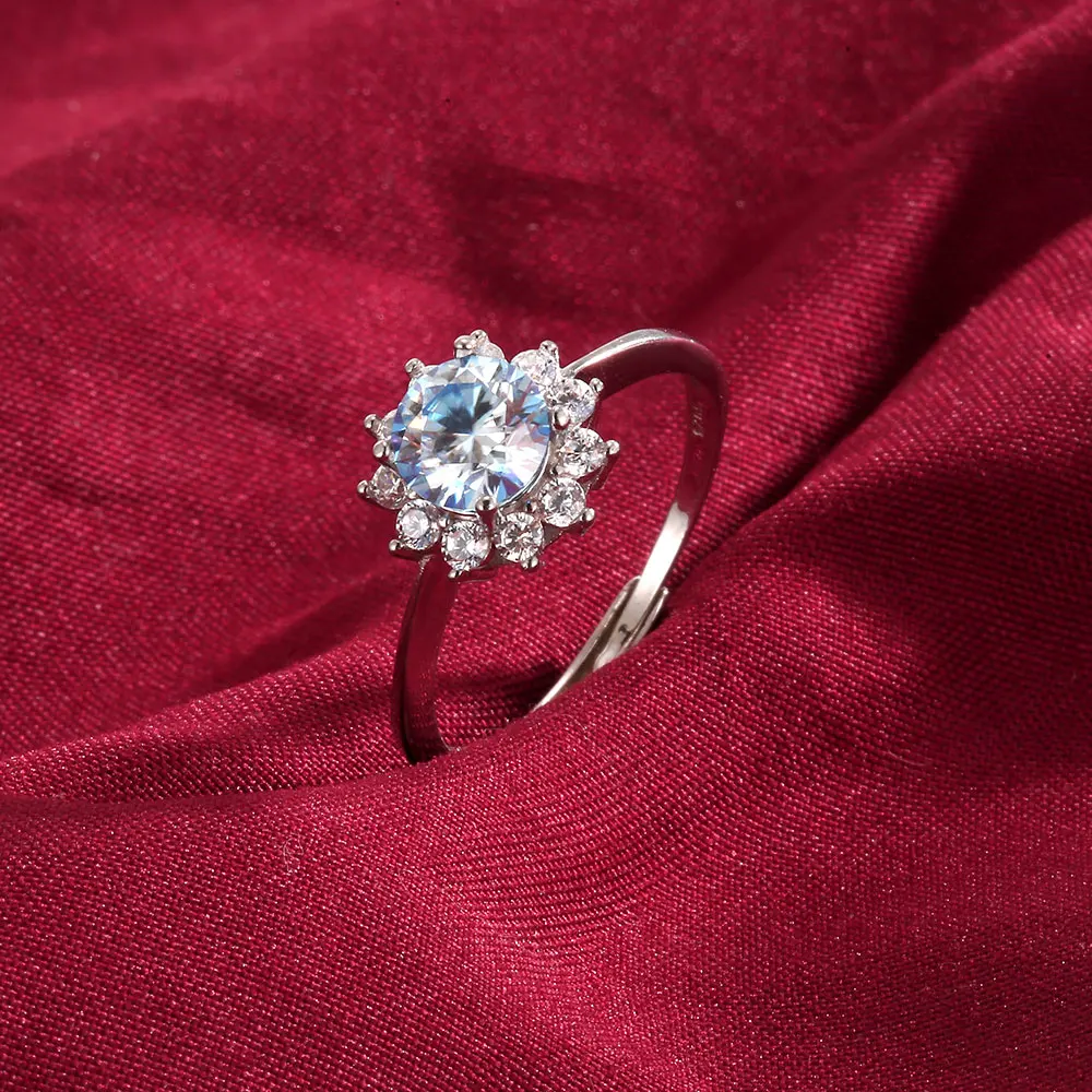 

Snowflake Design S925 Silver Women's Ring 1CT Blue Moissanite Diamond VVS1 Bridal Wedding Jewelry Accessories Adjustable Size