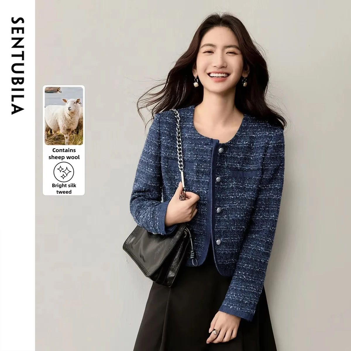 

SENTUBILA Women's Tweed Jacket 2025 Autumn O-Neck Single Breasted Loose Fit Elegant Commuting Shiny Silk Short Outwear 153W80357