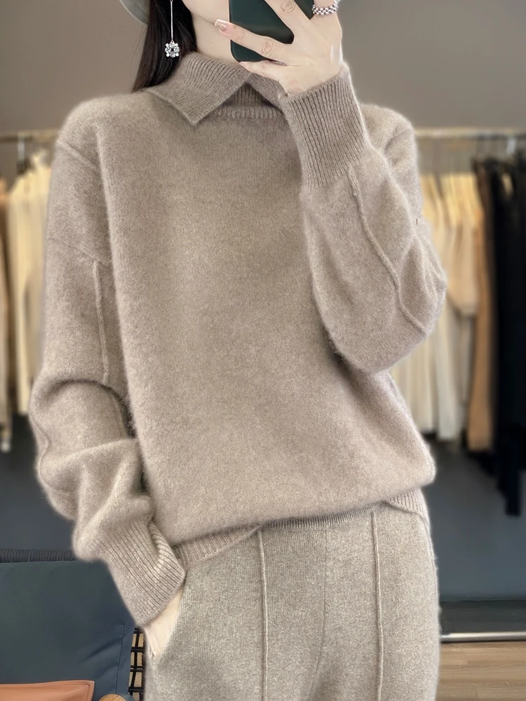 Women\'s 100% Merino Wool Sweater Turn-Down Collar Pullovers Autumn Winter Thickened Cashmere Knitwear Clothing Korean Tops