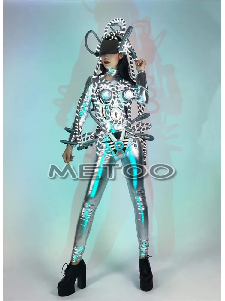 Silver LED Light Armor Robot Silver Split Performance Suit GOGO DS Performance Costume