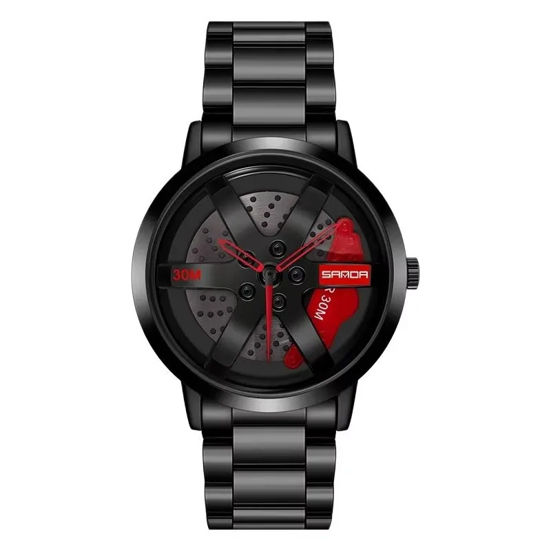 SANDA 1075 Men Fashion Car Wristwatch 360 Degree Rotating Wheel Rim Dial Watches Stainless Leather Waterproof Sport Quartz Clock