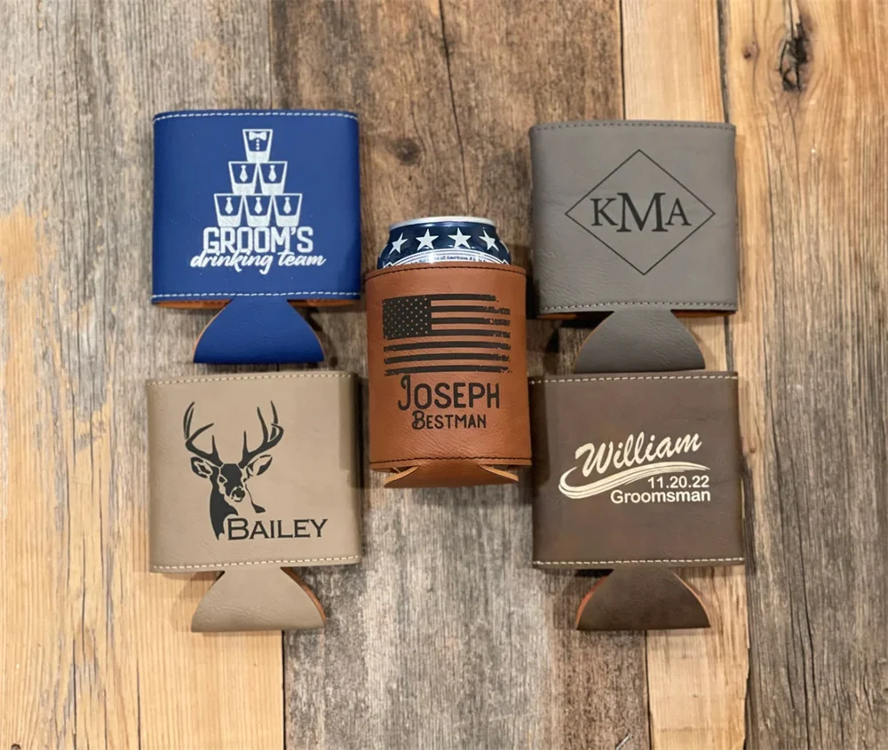 Personalized Drink Holder, Engraved Groomsman Gift, Leather Beer Can Holder, Custom Can Cooler, Monogram Gift, Wedding favor, Ba