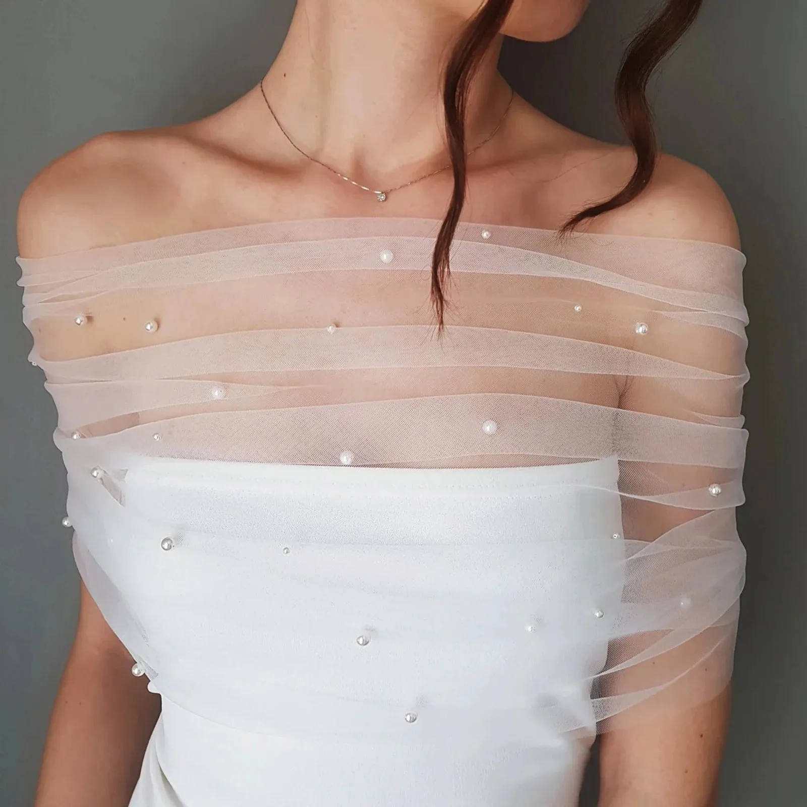 Pearl-Embellished Tulle Capelet Bolero with Back Lace-Up Elegant Bridal Shoulder Wrap Strapless Wedding Dresses Adjustable Fit