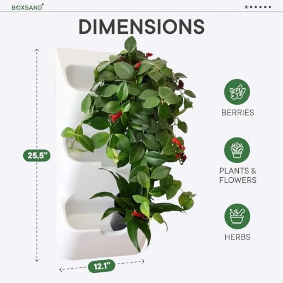 Living Wall Planter For Indoor/Outdoor Use, White Abs Plastic, Holds 6 Plants, Easy 2-Screw Installation, Compact 12X26 Vertica