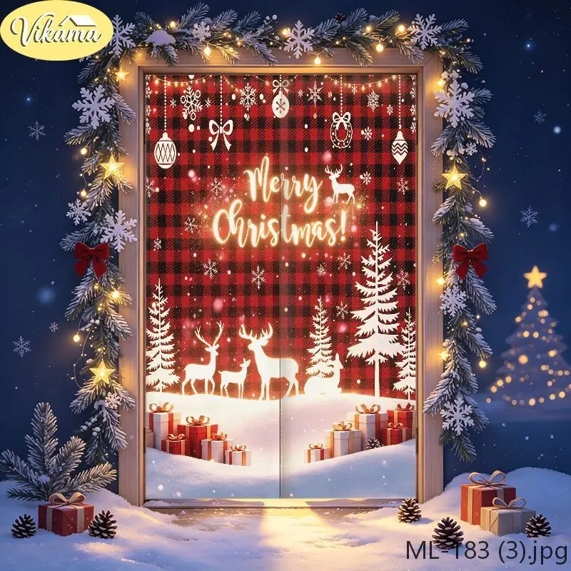 VIKAMA Christmas Door Curtain Red Plaid Reindeer Christmas Tree Snowflake Door Hanging Kitchen Bedroom Home Holiday Xmas Decor