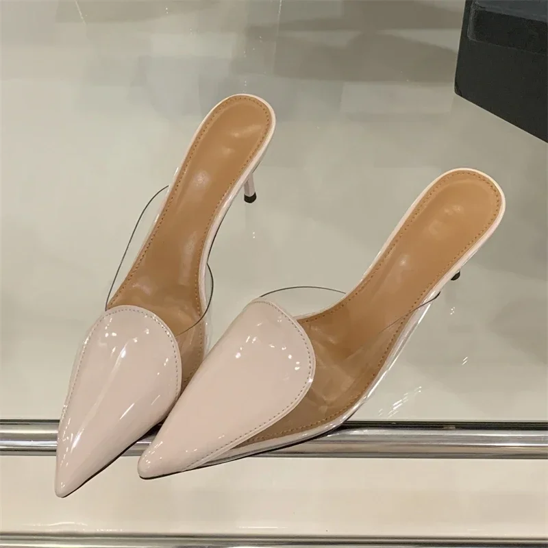 

PVC Transparent Pointed Toe Thin Heel Slippers for Women Sexy Slide Sandals Fashion Brand Designer Mule Shoes Dress Pumps Female