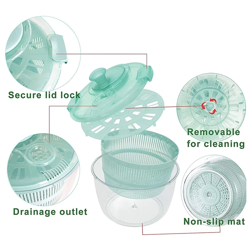 Salad Spinner Large, Lettuce Dryer Spinner Quick Dry Design, 5.3 Quarts Fruit Washer With Bowl, Non-Slip Pad