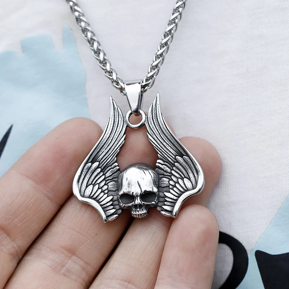 NEW Men's 316L stainless-steel Vintage angel skull Rock Pendant Necklace for teens punk Jewelry free shipping   4.9  9 Reviews