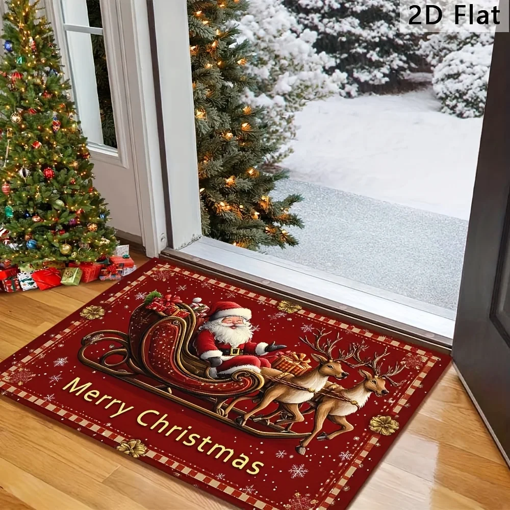 VIKAMA Sleigh Reindeer Christmas Doormat Non-Slip Washable Front Entrance Rug Indoor Outdoor Winter Holiday Decor