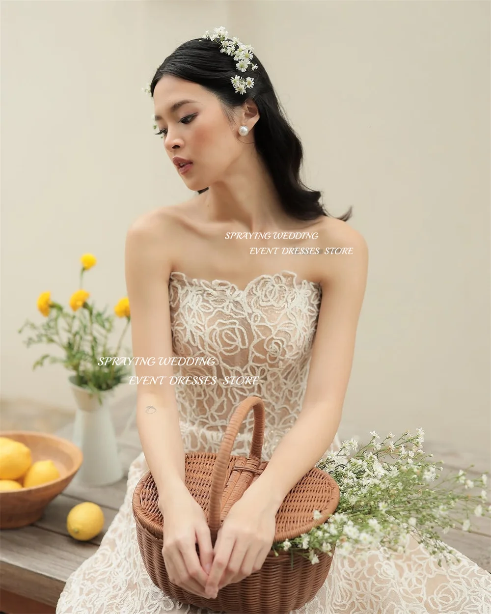 SPRAYING Robe de soirée élégante en dentelle scintillante, épaules dénudées, sans bretelles, ligne a, longueur thé, robe de soirée formelle personnalisée