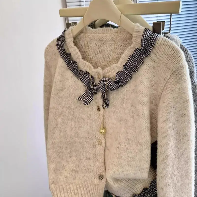 knitted tops Hot Style Fashion Gray design Korean plaid collar bow sweater cardigan women's spring age-reducing temperament