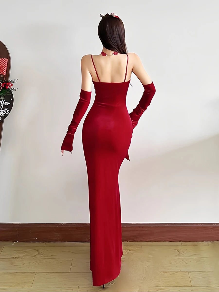 REDDACHiC عيد الميلاد النساء ثوب حفلة مع قفازات شير الدانتيل مثير القوس مشد حورية البحر ماكسي طويل Bodycon فستان حفلة ملابس رسمية