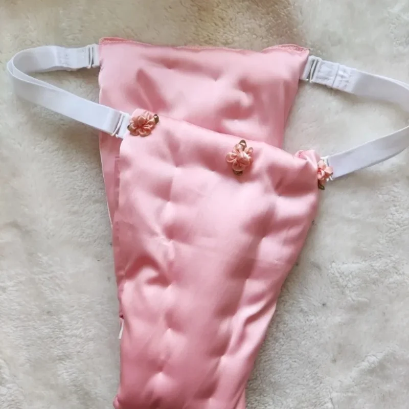 

Handmade Man Silk Soft Smooth Pink T-briefs Filled Cotton Women Adjustable Elastic Waistband Panties Dance Private Party FKK