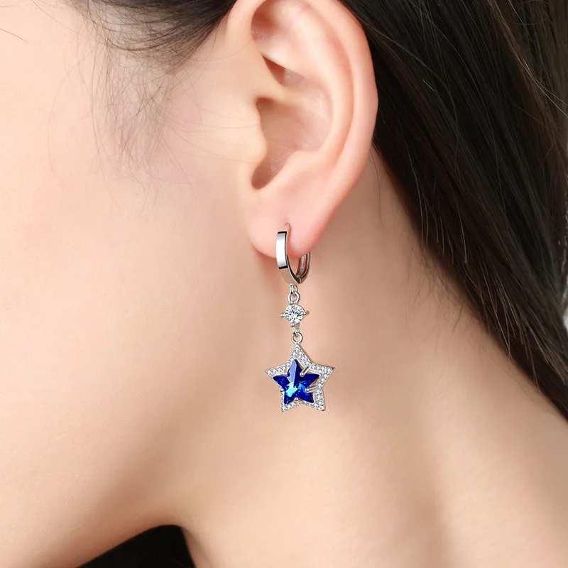 

925 Sterling Silver Earrings Blue Crystal Zircon Pentagram Earrings For Women'S Fashion Jewelry Gifts