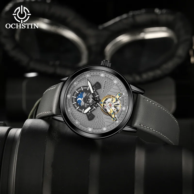 OCHSTIN Mineral Hardened Glass Luminous Hand Waterproof Wristwatch Man Masterpiece Series Skeleton Mechanical Moon Phrase Watch