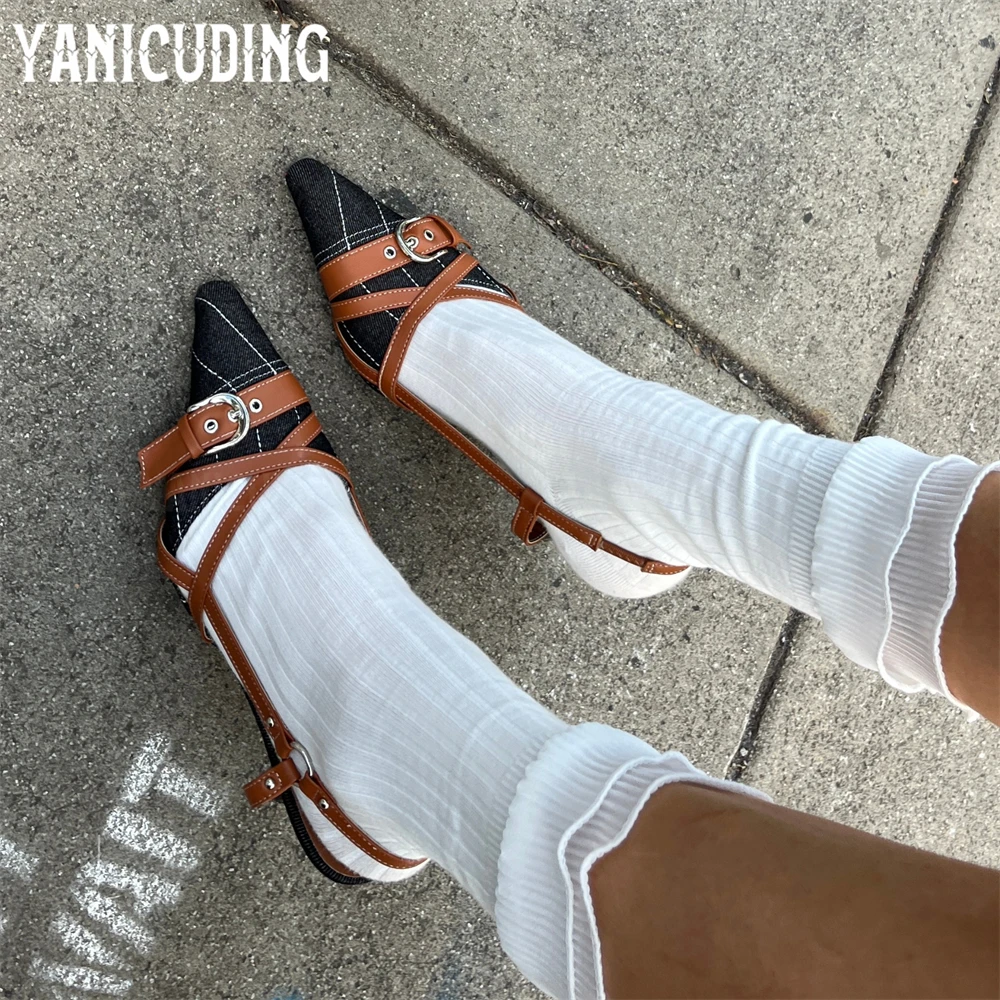 

Vegan Brown Leather Denim High Heels Straps and Buckle Low Kitten Heel Pumps Cross Strap Braided Belt Buckle Pumps for Women New