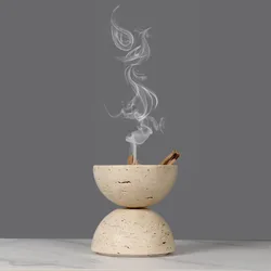 Natural Limestone Beige Marble Incense Burner, 9-hole Sphere, Arabic Wooden Plate Container, Dining Table Incense Rack