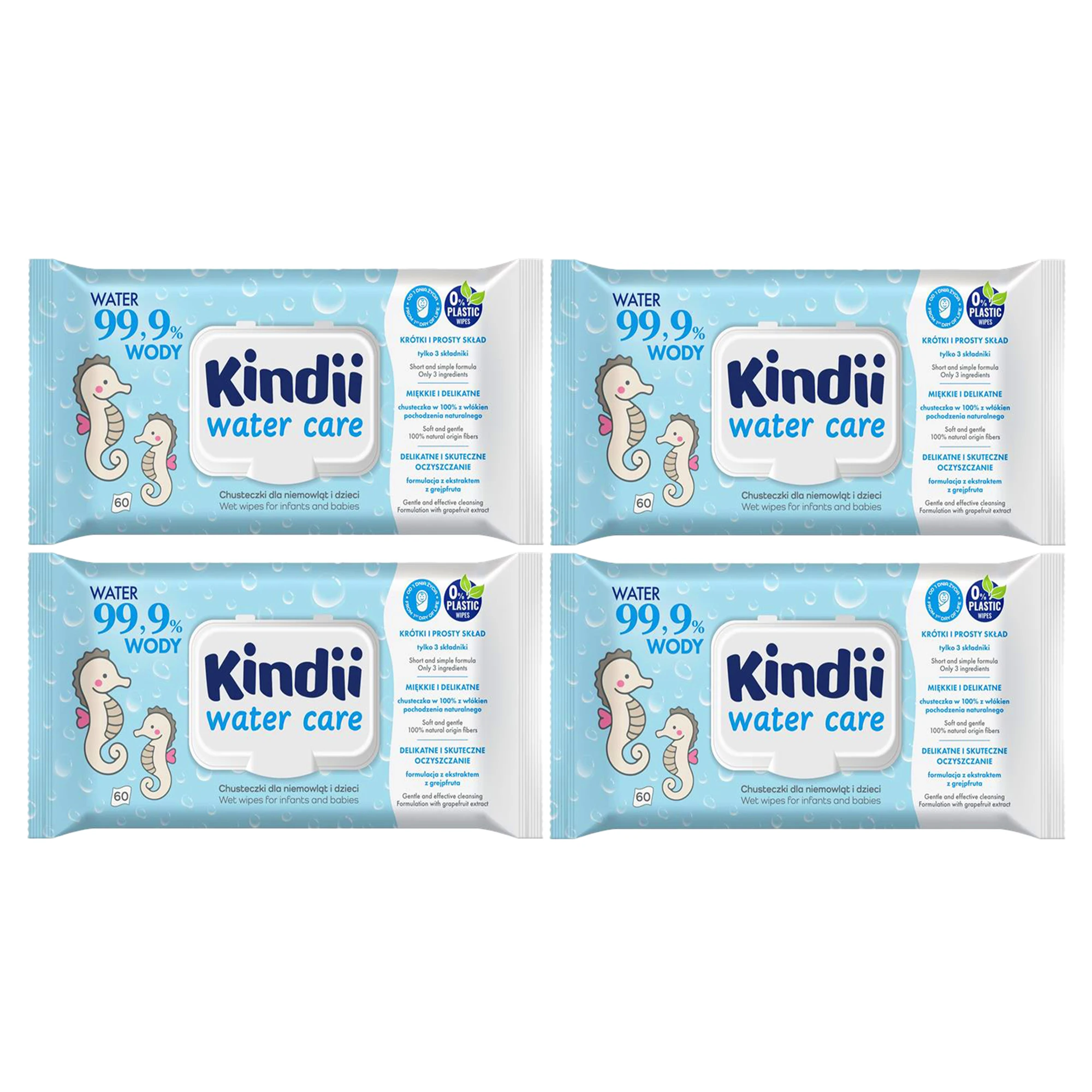 Kindi Chusteczki dla niemowląt i dzieci 99,9 % wody Water Care 60 szt. x4