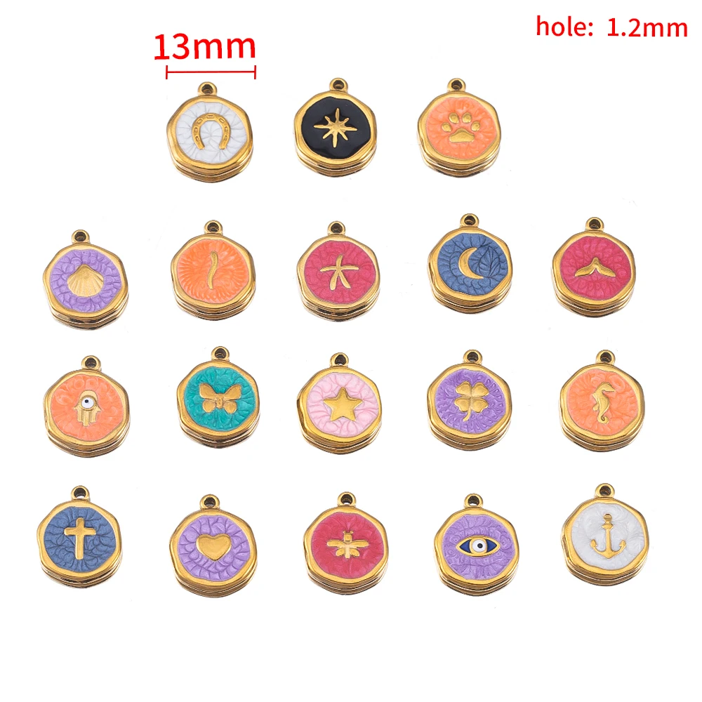 8pcs 골드 컬러 스테인레스 스틸 에나멜 하트 아이 썬 스타 라운드 참 펜던트 DIY 귀... - 5
