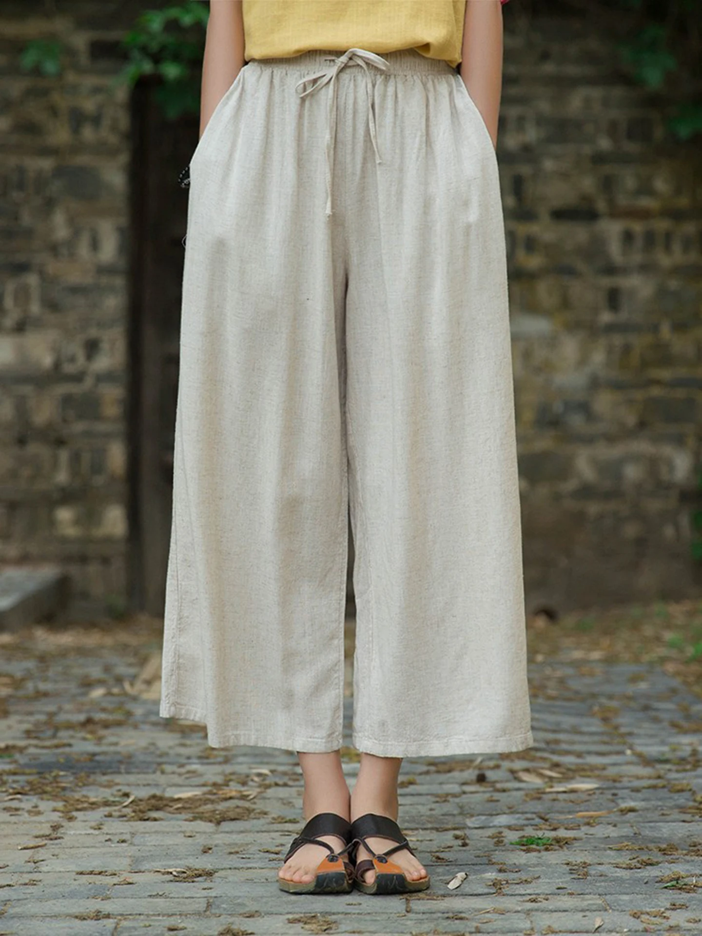 Cotton Linen Wide Leg Pants Women Summer New Loose Thin Drapey Casual Linen Straight Nine Points Pants Breathable Comfortable