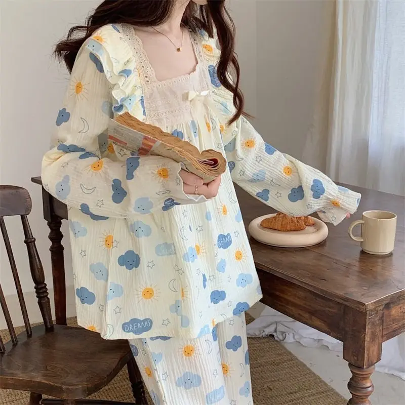 2 PCs/Set Spring Autumn Pure Cotton Postpartum Breastfeeding Lace Print Maternity Nursing Clothing Pregnant Women Pajamas Suit