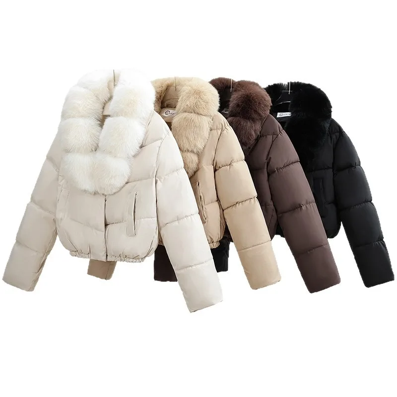 New K‑Chic Winter Cropped Puffer Coat Furry Lapel Collar Short Silhouette Solid Tone Warm Elegant Casual Daily Ladies Outerwear