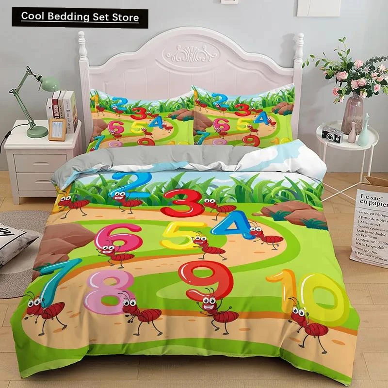 Cartoon Numbers King Queen Duvet Cover Lovely Animals Bedding Set Kids Colorful English Alphabet 2/3pcs Polyester Quilt Cover