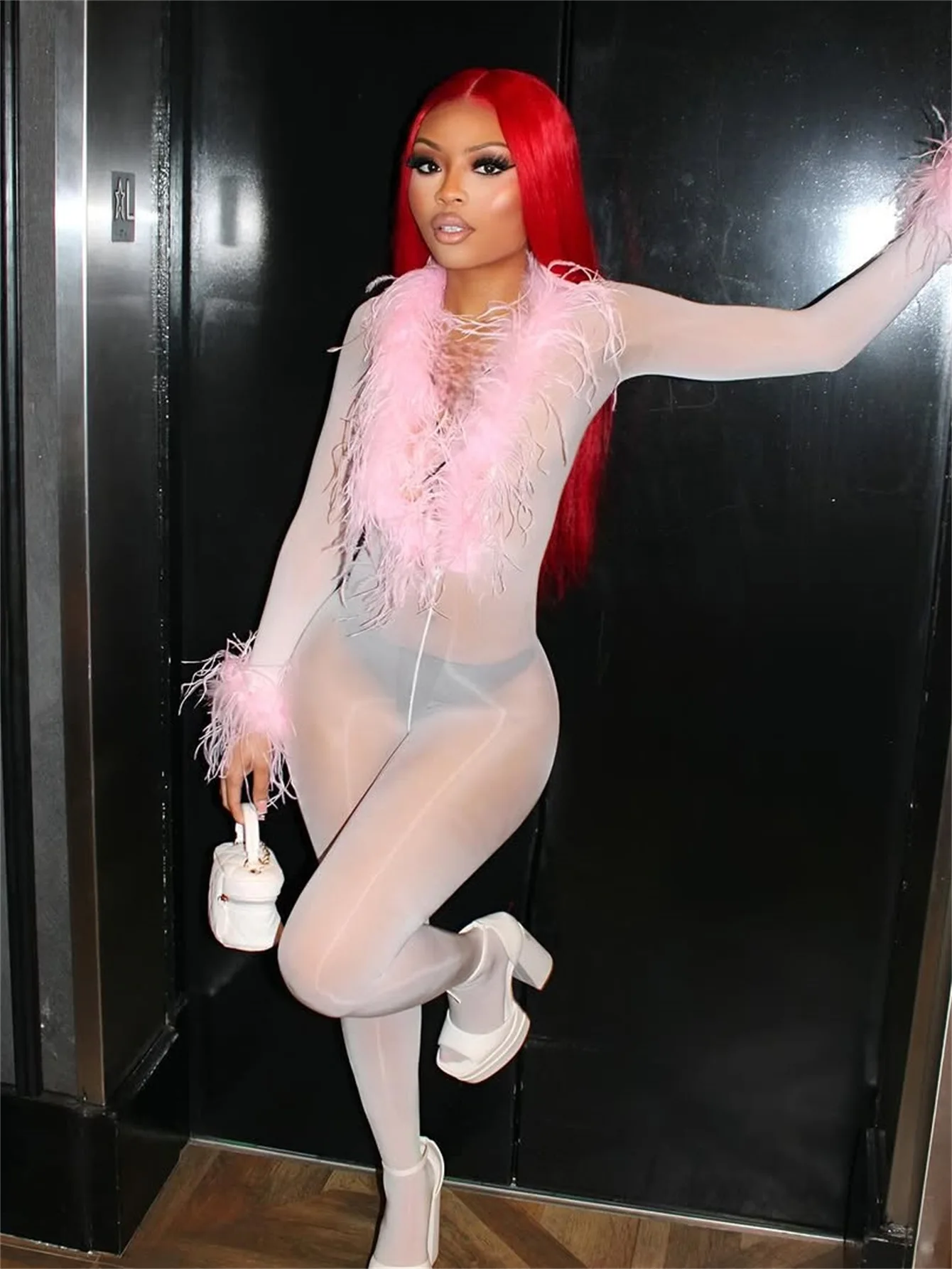 FAGADOER Sexy Fur Patchwork Bodycon Jumpsuit Women See Through Deep V-neck Long Sleeve Rompers Female Streetwear Overalls New