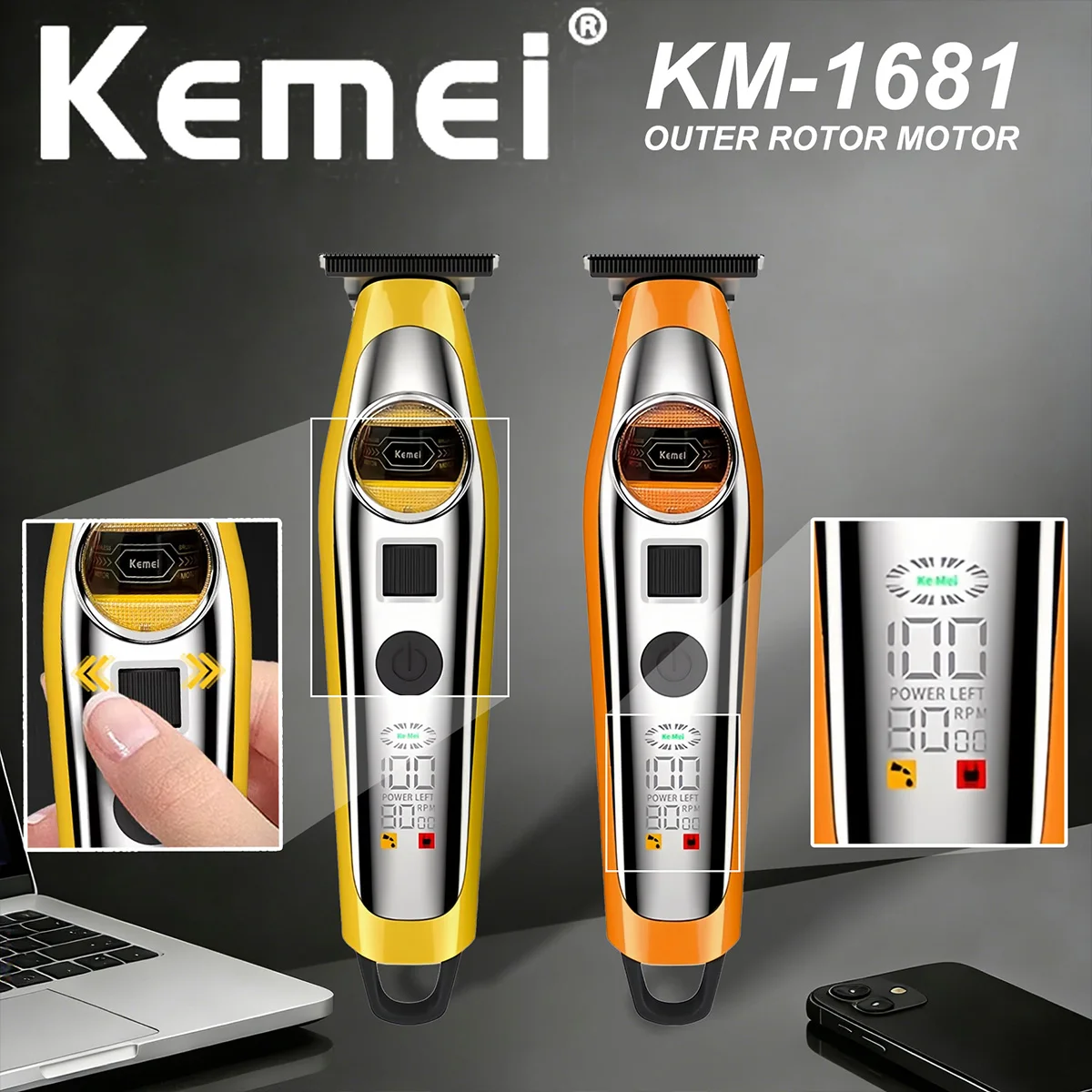 

Машинка для стрижки волос Kemei KM-1861 для мужчин, с внешним ротором, бесщеточным двигателем 7 Вт, 8000 об/мин, полностью металлический корпус, LED-дисплей, профессиональная машинка для точной стрижки