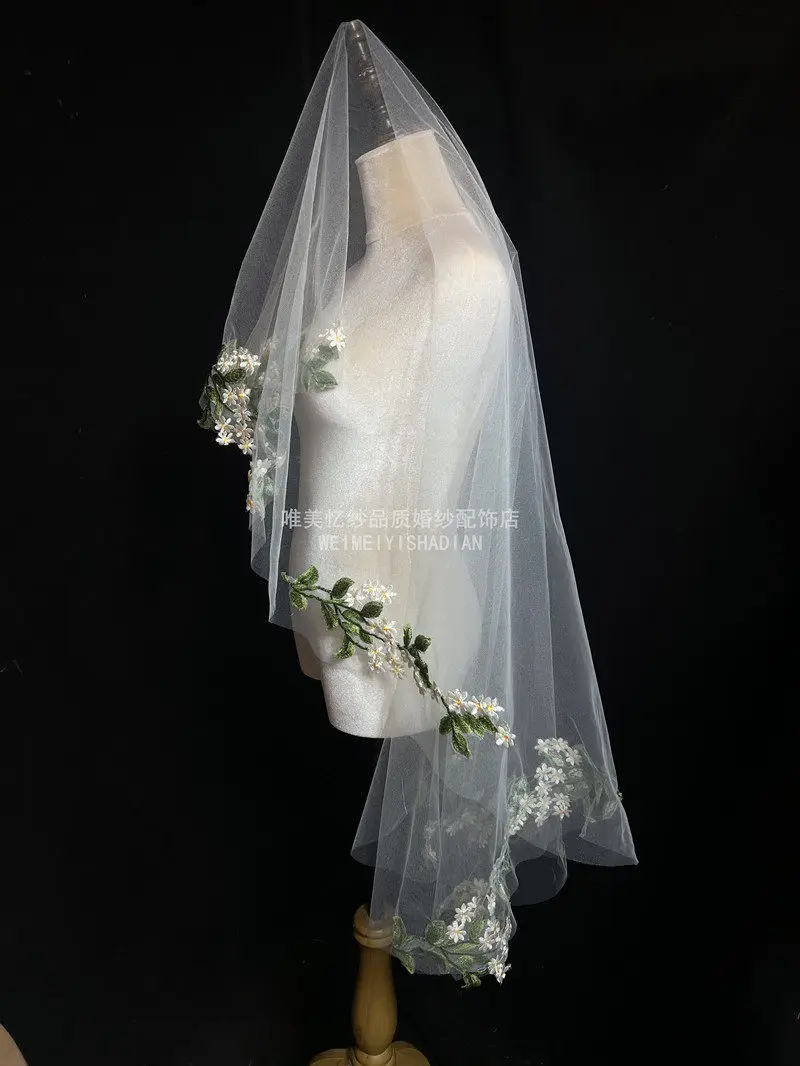 New white leaf embroidery small flower veil bridal wedding photo veil wedding styling veil photography guest video