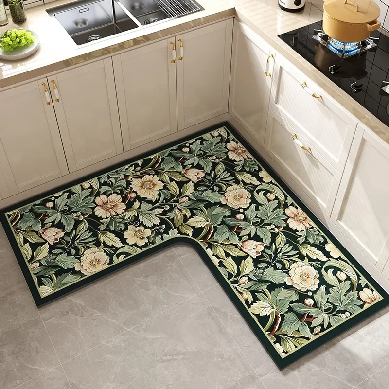 Kitchen Mat L-shaped Household Waterproof Oil-proof PVC Leather  Rug Wipeable Wash-free Easy To Clean Non-slip Carpet Alfombra