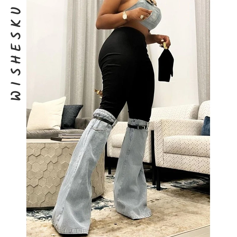 Women High Waist Color Contrast Patchwork Denim Pants Vintage Punk Wide Leg Trousers 2023 Summer Harajuku Fairy Grunge Clothes