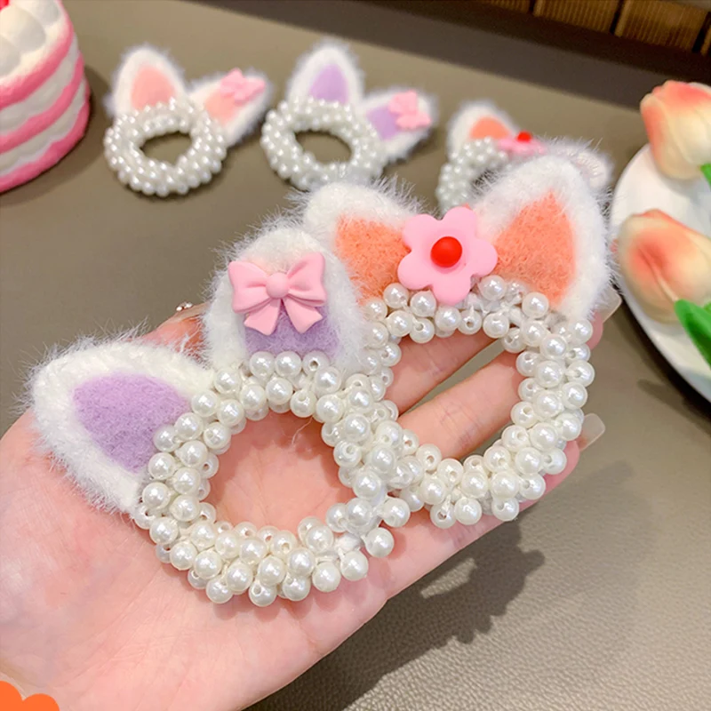 New Cute Cartoon Ear Hair Rope Pearl Elastic Hair Bands Headbands Girls Sweet Flower Headwear Hair accessories Kids Ornaments