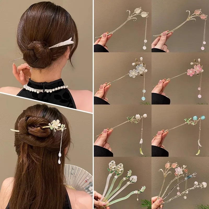 Chinese Style Retro Tassel Pearl Hair Stick Flowers Hairpin for Wedding Hair Accessories Charm Metal Hairpins Jewelry Women Girl