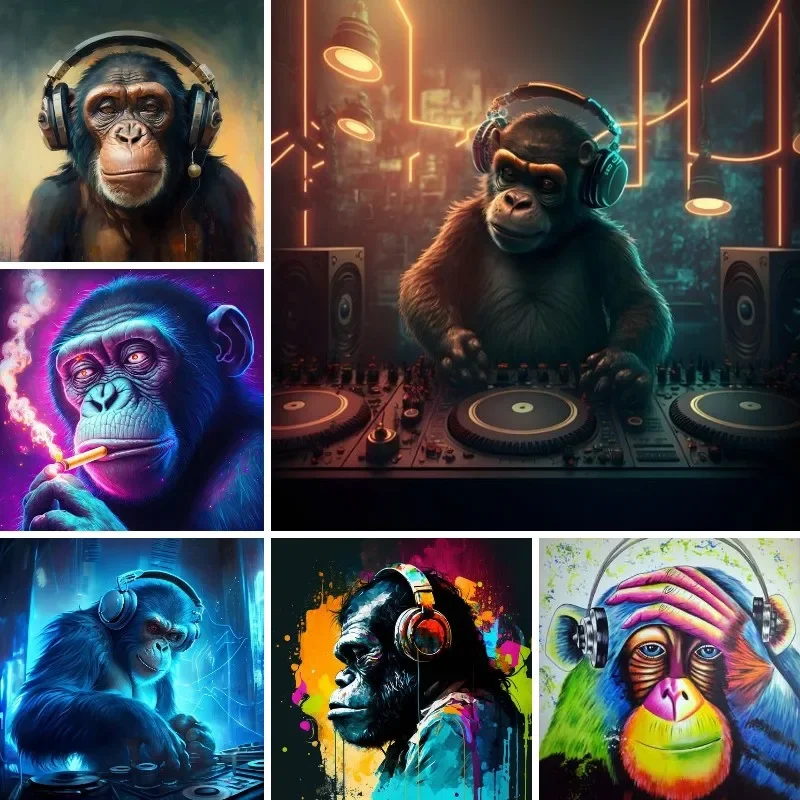 Dj Monkey, Ape with Headphones, Abstract Orangutan Art Diamond Painting Cross Stitch Kits Mosaic Embroidery Living Room Decor