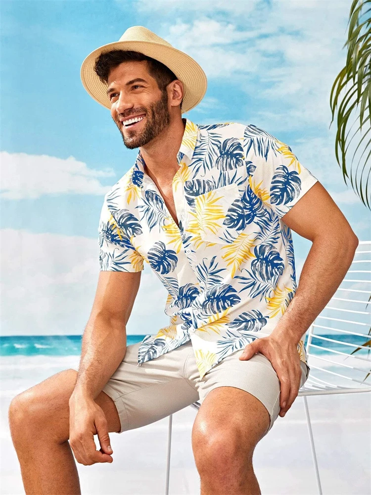 

Hawaiian Style Vacation Coconut Tree Summer Men's Short Sleeve Shirt Loose Personality Casual Men's Summer Fashion Clothing