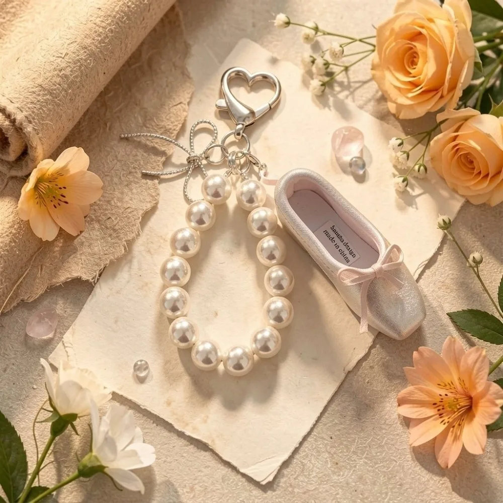 Sweet Pearl Ballet Shoes Key Chain Pink Ribbon Ins Korean Mobile Phone Pendant Ballet Shoes Keyring Bag